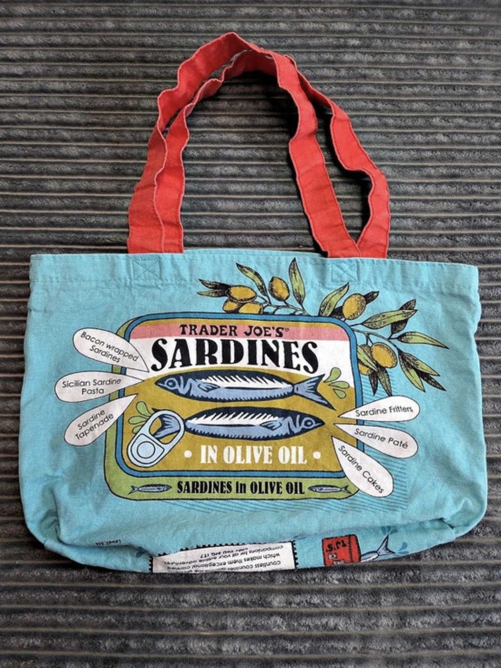 Trader Joe's Sardines in Olive Oil Canvas Tote Bag Blue & Red